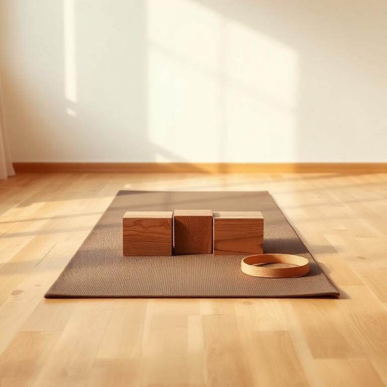 Tapis de yoga avec blocs en bois et sangle dans un studio lumineux