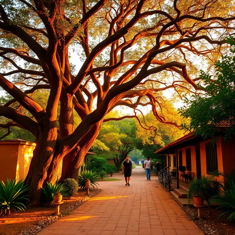 Allée bordée de banyans à Auroville en lumière dorée