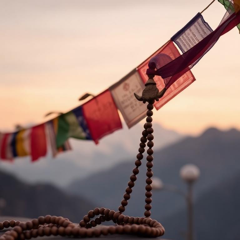 Drapeaux de prière tibétains et mala devant les montagnes